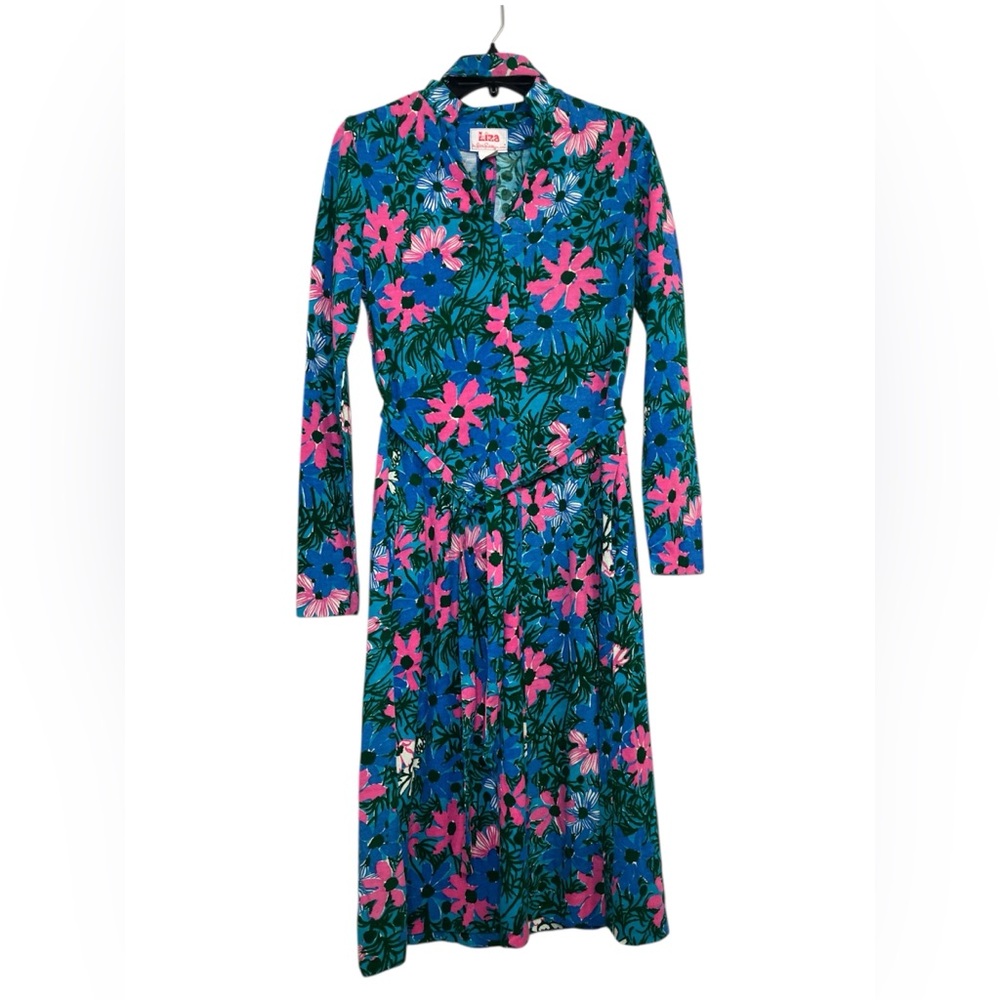 Women's Blue Floral Maxi Dress with Pink Flowers